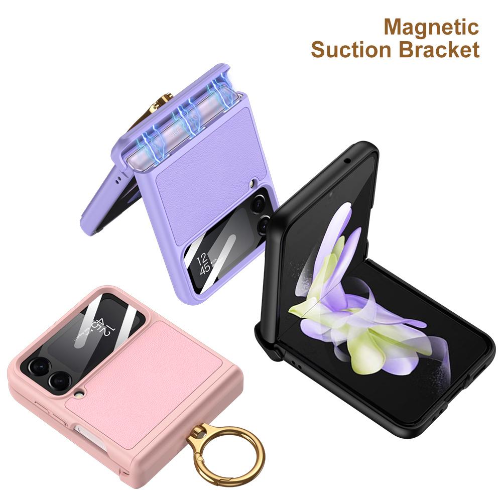 For Samsung Galaxy Z Flip 4 Case Ultra -Thin Plain Leather Magnetic Hinge Finger Ring Holder Bracket Mirror Film Shockproof Cover