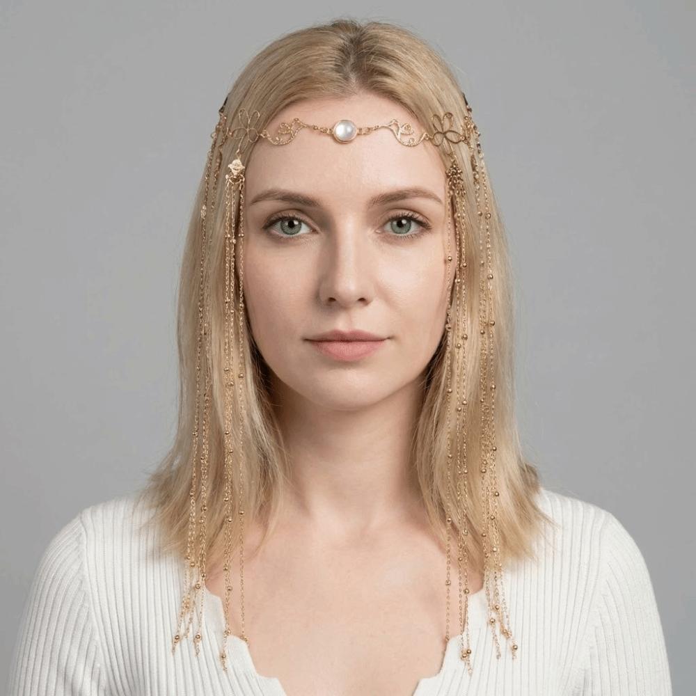 Golden Rhinestone Head Chain Long Tassel Forehead Chain Fashion Retro Hairpin  Women's Hair Jewelry