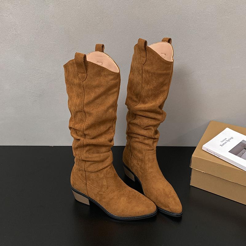 Winter Cosy Soft Leather Pleated Women Western Cowboy Boots Fashion Thick Heels Party Shoes British Style Long Booties Shoes