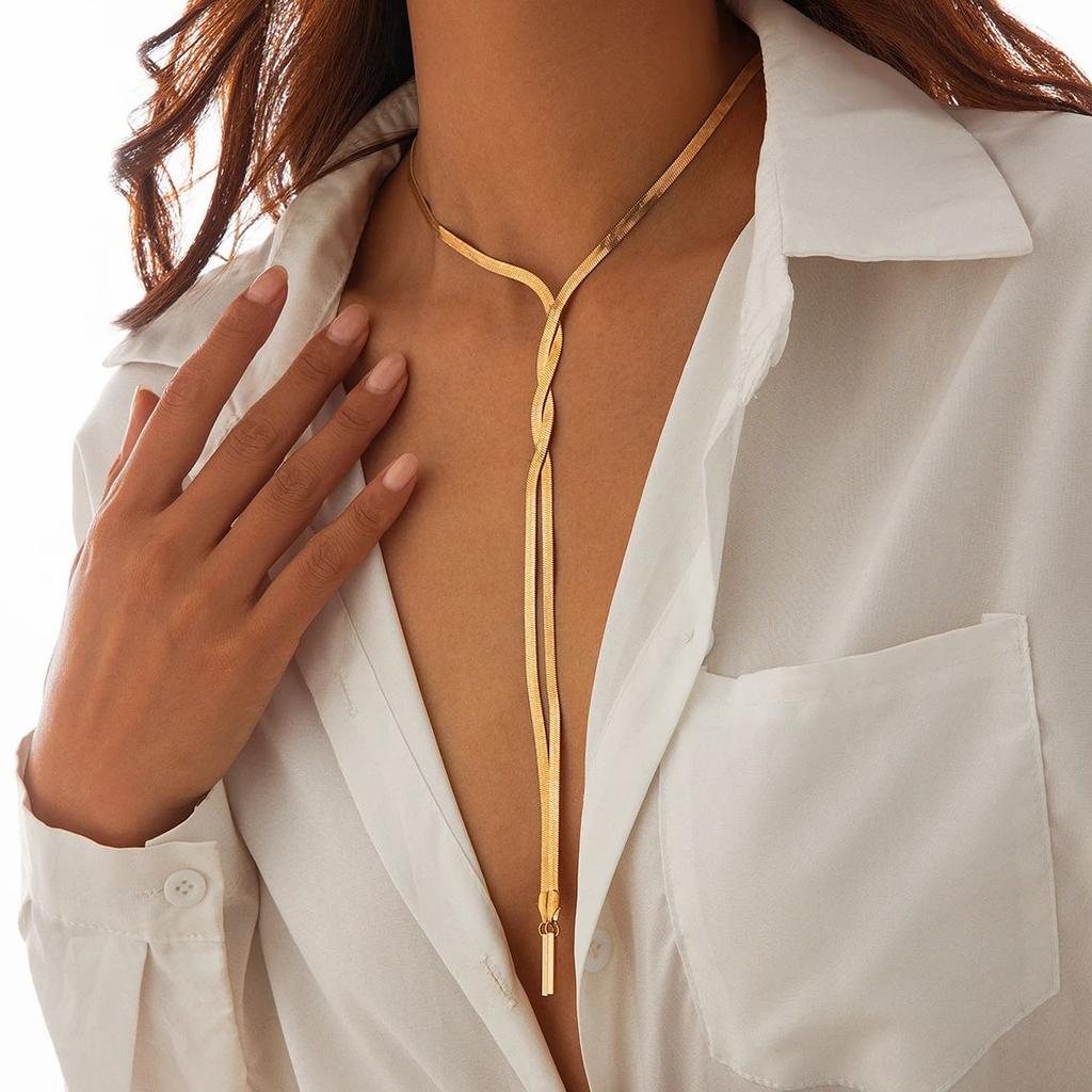 SHIXIN Sexy Flat Snake Chain Long Necklace for Women Punk Gold Color Cross Tassel Chest Necklace Luxury Neck Jewelry Banquet
