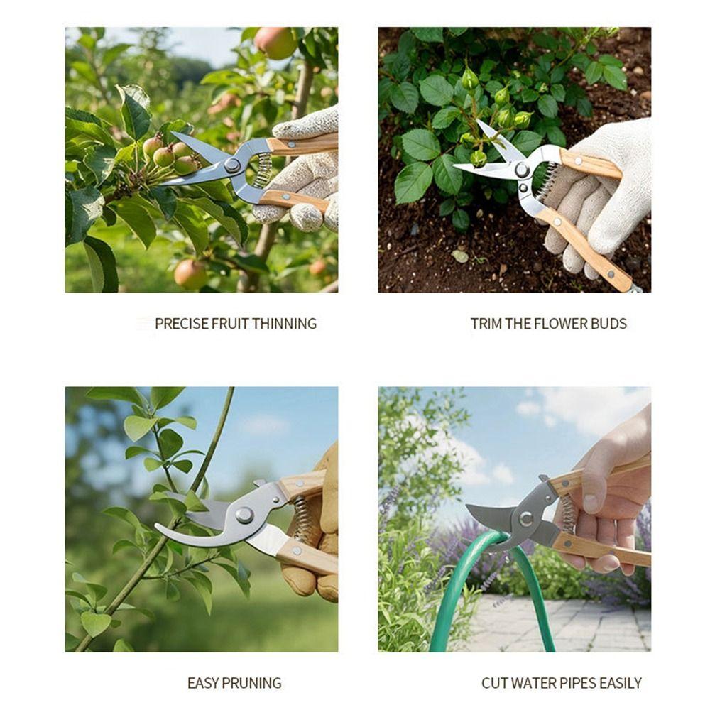 Zahradní nůžky z nerezové oceli s dřevěnou rukojetí, protiskluzové, bezpečnostní zámek, multifunkční zahradní nůžky