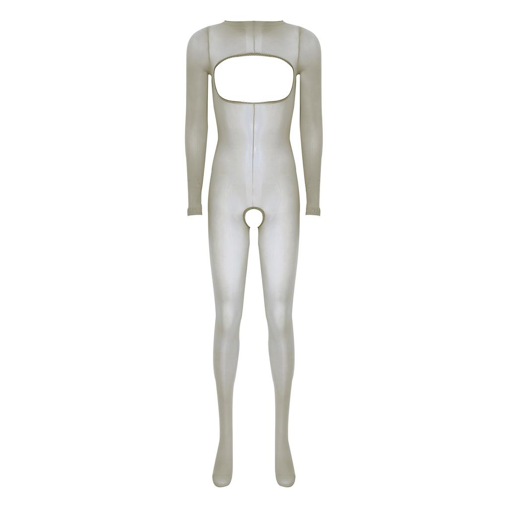 Womens Glossy See Through Long Sleeve Open Breast Crotchless Bodystocking