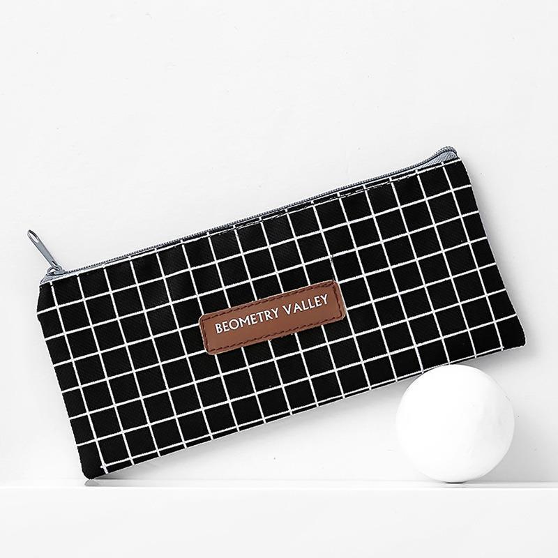 Grid Pencil Case Student School Stationery Canvas Creative Pencilcase Cute Simple Zipper Storage Bag