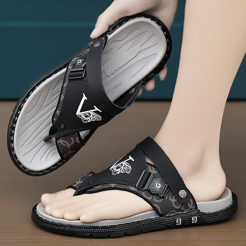 Men Flip Flops Hiking Sandals Leather Outdoor Summer Grey Black Wide Palm Blue Beach Shoes Plus Size Open Toe Plus Size