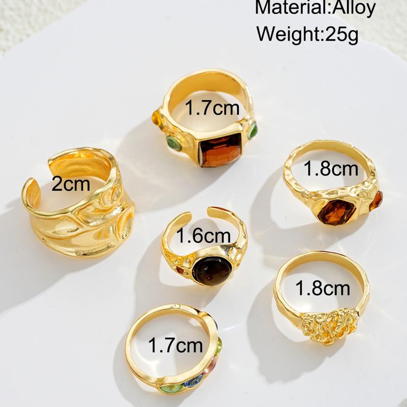 6PCS Maillard Brown Stone Ring Sets for Women Fashion Colorful Zircon Geometric Opening Finger Ring Luxury Party Jewelry Accessories