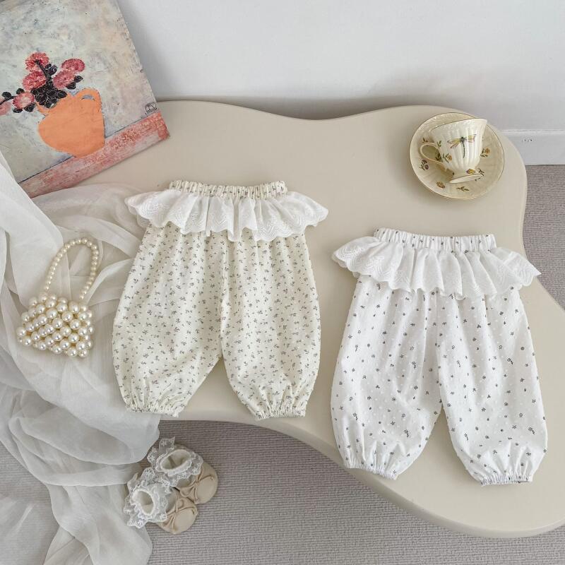 Summer Baby Girls Anti-Mosquito Pants Thin Bloomers Pants Floral Printed Lace Waist Air-Conditioned Kids Clothes Cotton Costume