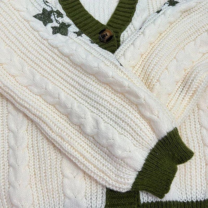Fall Winter Vintage Outfit Cardigan Green Vine Embroidered Button Down Cable Knit Lantern Sleeve Sweater Loose Casual Woolen Cardigan Jacket