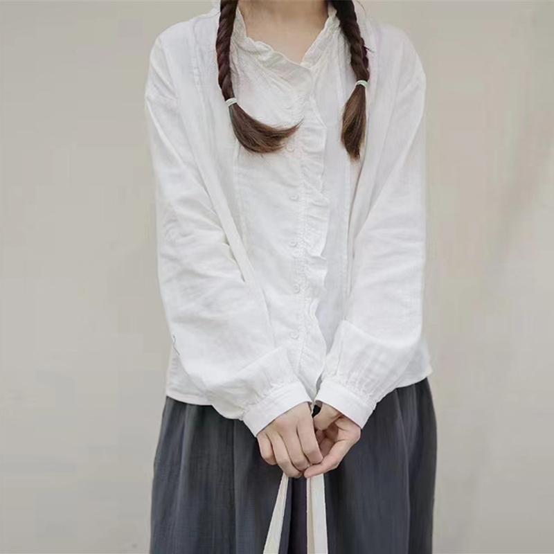 Johnature Vintage Shirt Women Spring V-neck Fungus Edge Single-breasted Casual Top Women
