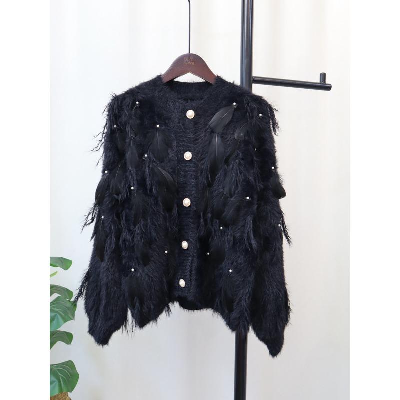 Autumn and Winter Imitation Mink Velvet Gentle Wind Design Feeling Feather Beads Fringed Knitted Cardigan Sweater Jacket Women