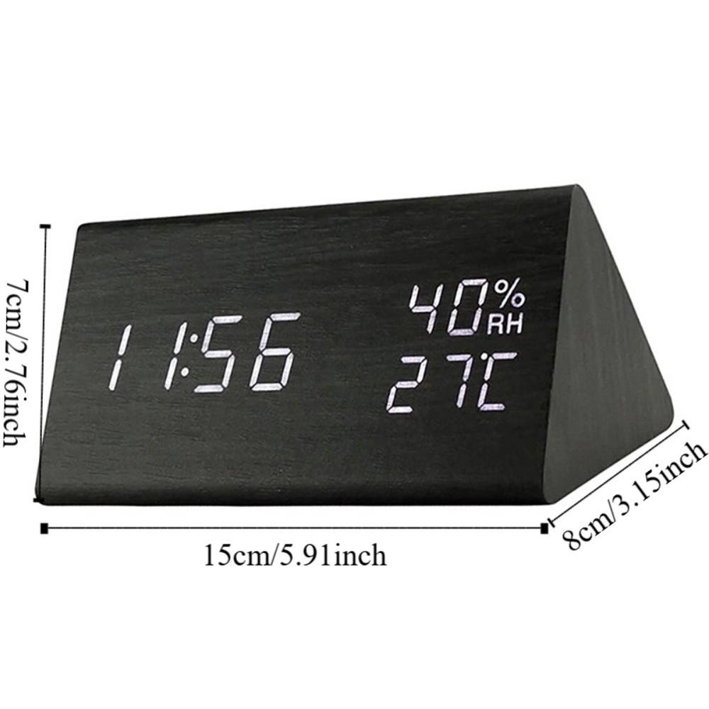 Triangular Wooden LED Alarm Clock Humidity and Temperature Display Adjustable Brightness Digital Alarm Clock Voice-activated