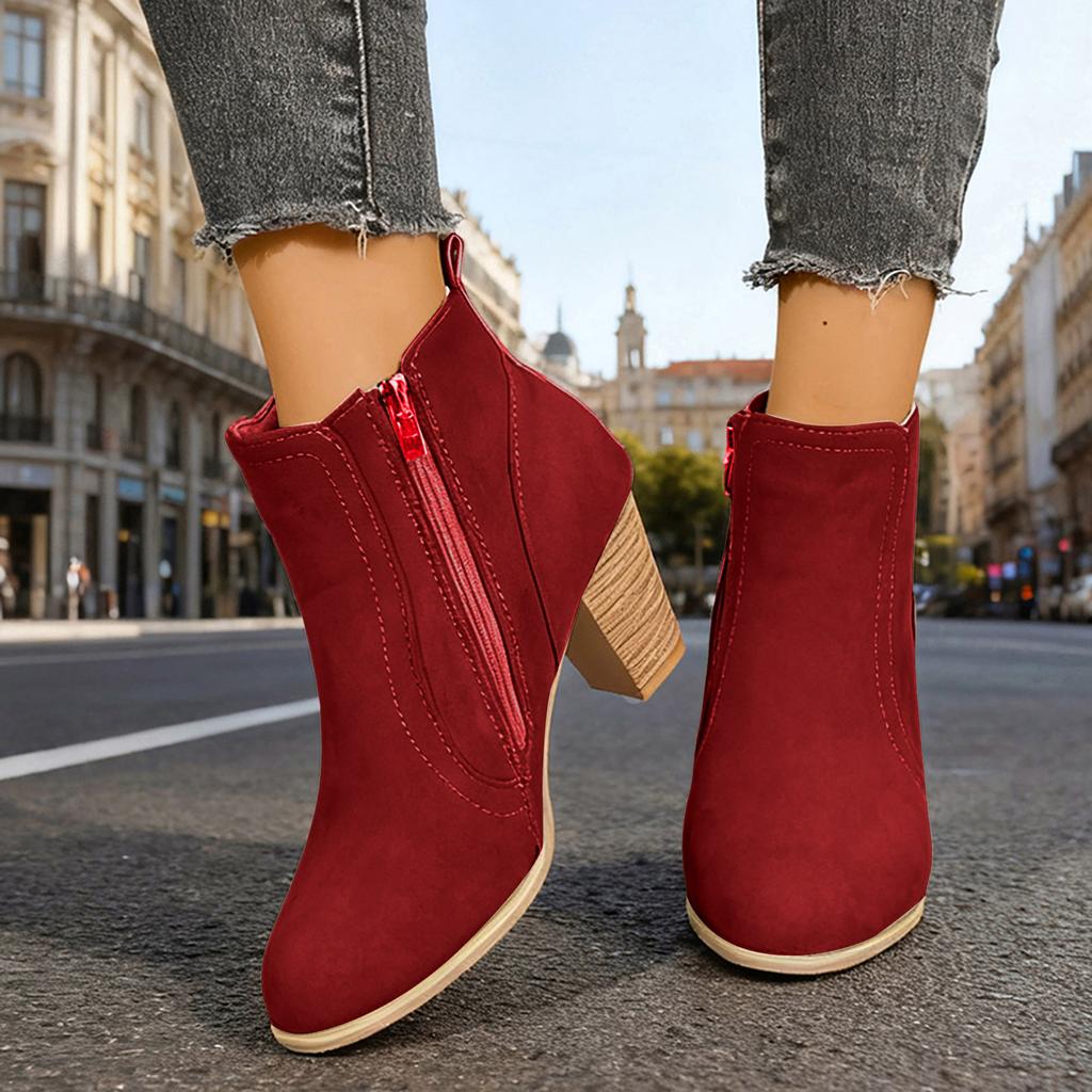 Damen Bequeme Runde Spitze Einfarbige Hohe Absätze Kurzer Schaft Seitenreißverschluss Modische Knöchelboots Stiefel für Damen Leder