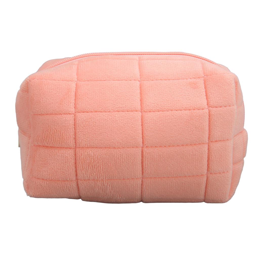 Women Makeup Storage Bag Large Capacity Soft Plush Zipper Closure Checkered Cosmetic Bag