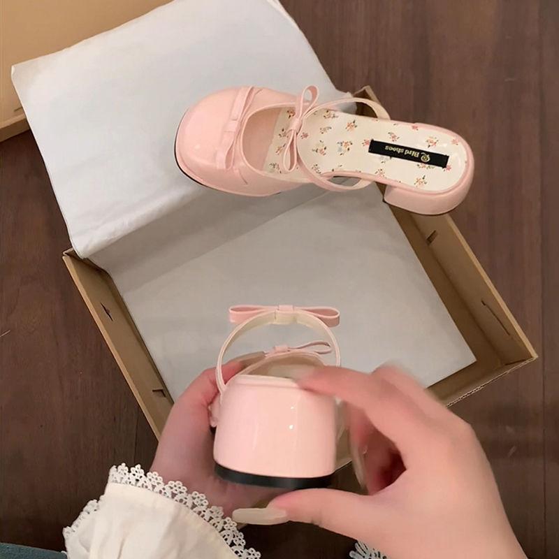 Fairy style bow wedge single shoes women's outer wear 2025 new open-toed square head with skirt temperament slippers tide