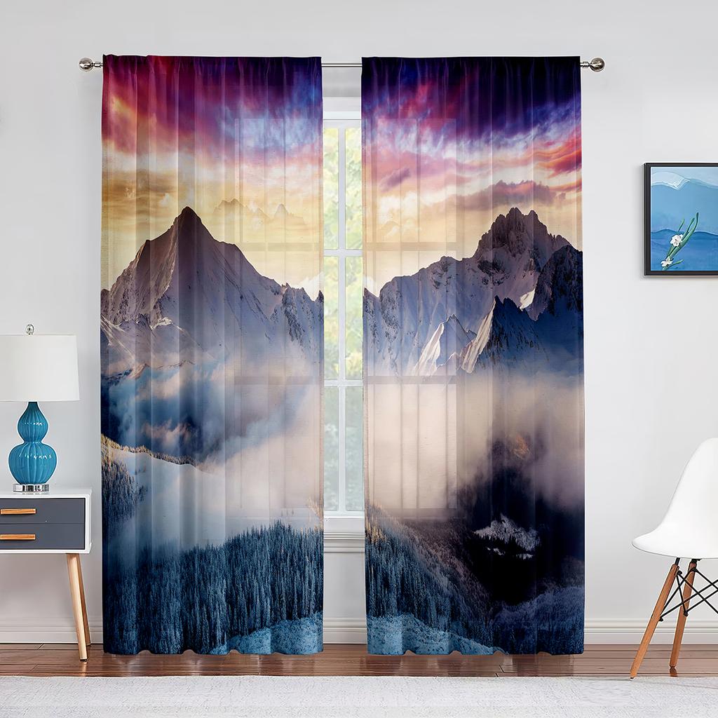 Snow Mountain Dreamy Dusk Scenery Sheer Curtain for Living Room Bedroom Voile Drape Kitchen Window Tulle Curtains Home Essential