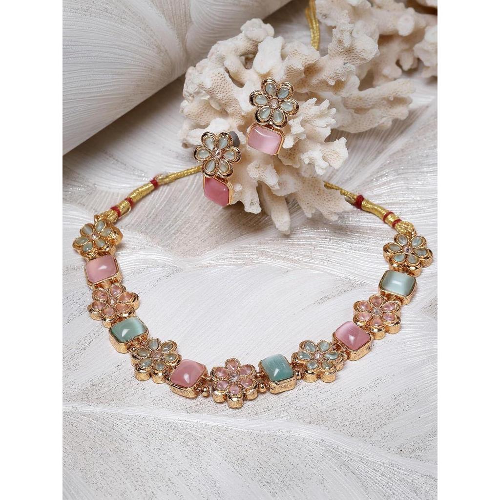 Set de colier și cercei, placat cu aur floral, multicolor AD Stone Guler Bone | Set de bijuterii pentru femei