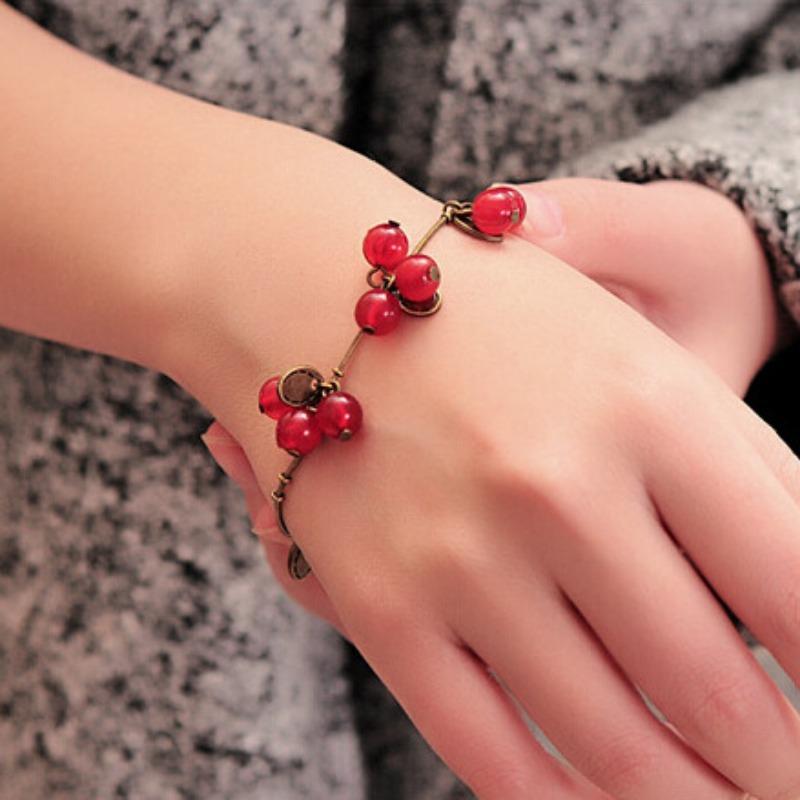 Vintage Forest Girl Bohemian Cherry Necklace Sweet Stylish Red Cherry Bracelet Earrings Set