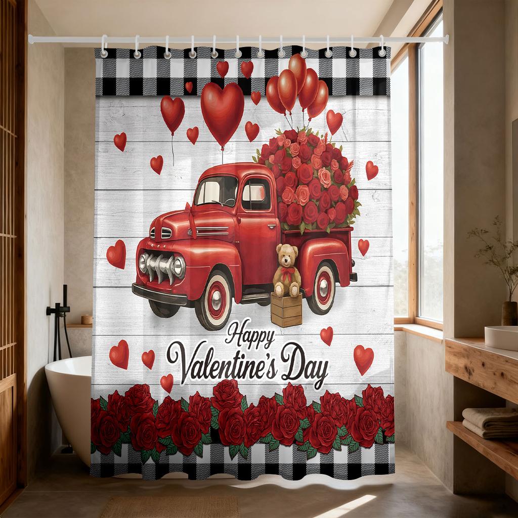1pc Valentine's Day Red Romantic Car Printed Waterproof Privacy Shower Curtain with 12 Hooks Multi Sizes Easy Installation