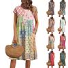 Vestido Feminino Casual de Verão com Gola Redonda, Manga Curta e Estampa Vintage