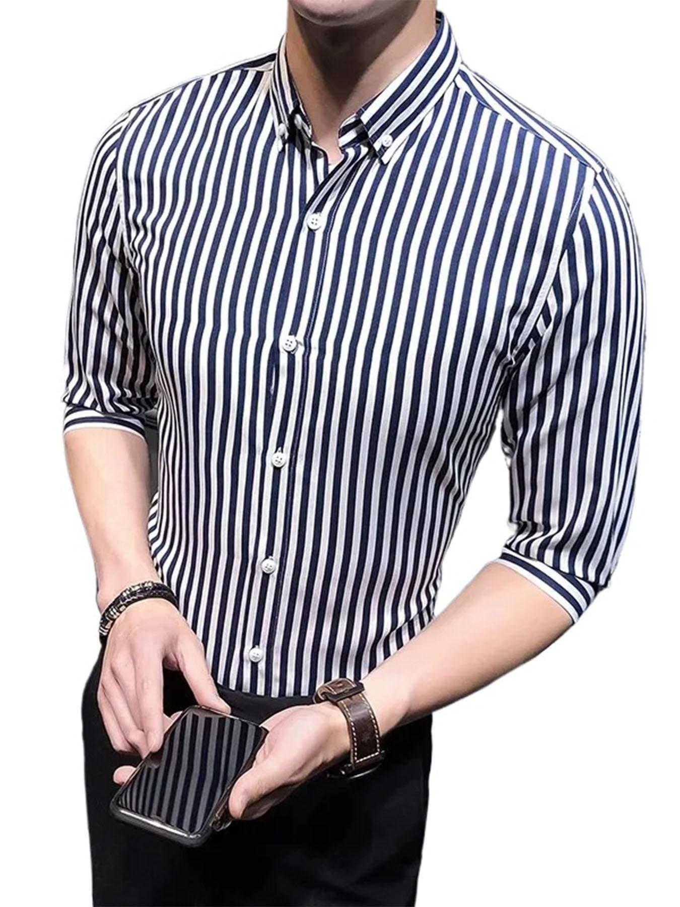 

Мужская базовая полосатая рубашка на пуговицах с рукавом три четверти и одним накладным карманом, классическая официальная деловая полосатая тонкая удобная рубашка L чёрный