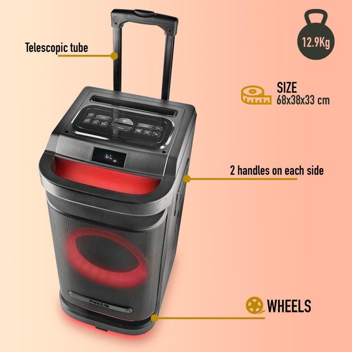 NGS WILD SPACE 1: Głośnik imprezowy 900W BT/TWS, USB/AUX, LED, wózek, 6h baterii.