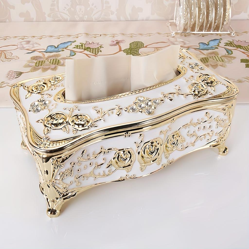 [Rose Pattern Tissue Box] Golden-plated Luxurious Tissue Box - Rose Pattern, European and American Style - Suitable for Multiple Rooms and Occasions