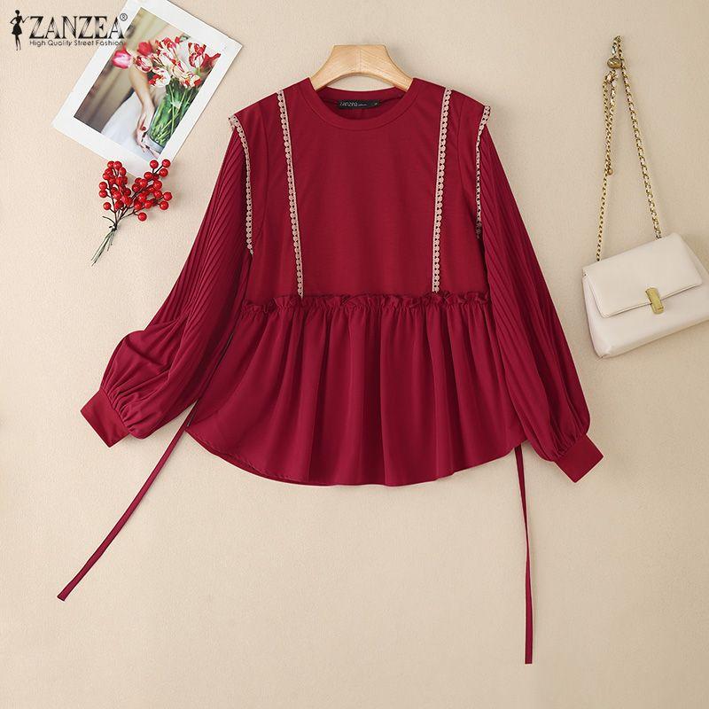 ZANZEA Blusa casual de manga larga suelta con cuello redondo para mujer