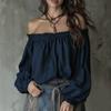 Nuovo top monospalla europeo e americano, manica a sbuffo, scollo elasticizzato, design allacciato, manica lunga alla moda ed elegante da donna