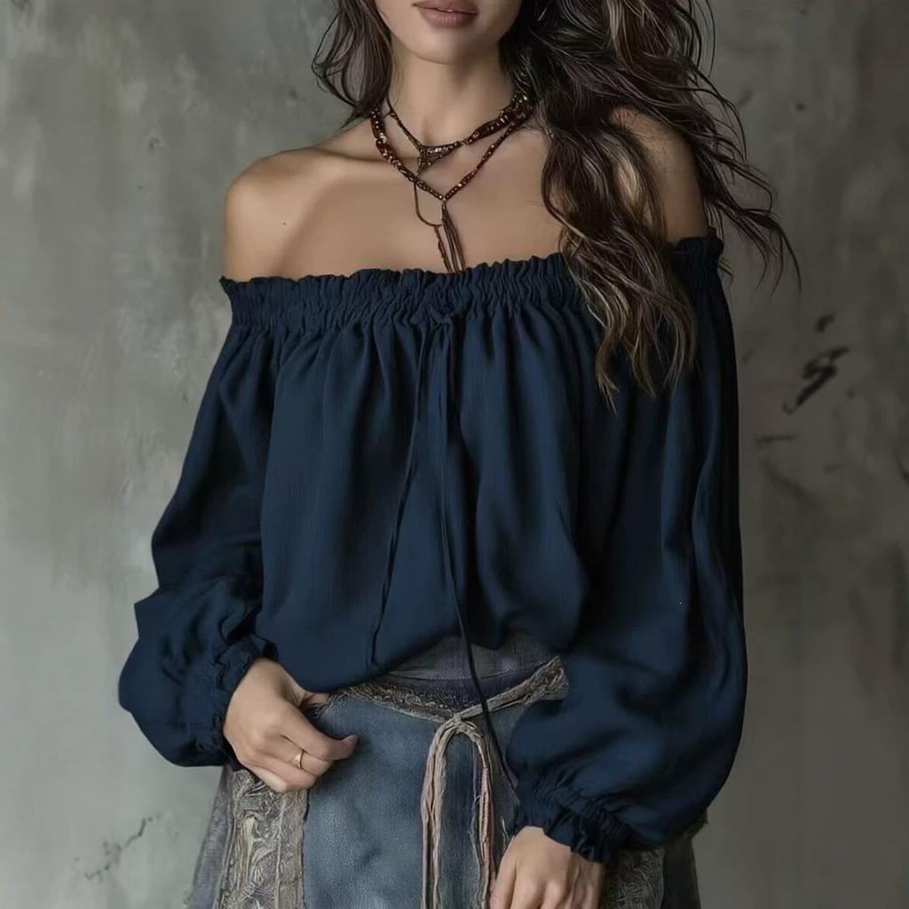 Nuovo top monospalla europeo e americano, manica a sbuffo, scollo elasticizzato, design allacciato, manica lunga alla moda ed elegante da donna