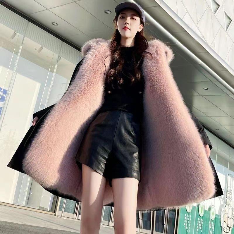 

Зимнее новое пальто с подкладкой из искусственной лисы, выше колена, женское пальто из искусственной кожи, длинное, съемное, с оснасткой XL