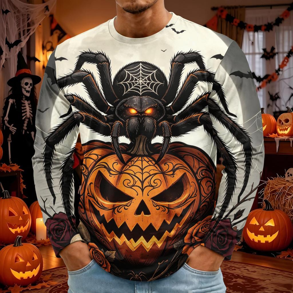 Men's Halloween Print Long Sleeve Neck T-Shirt for Holiday Party