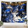 Cute White Cat Tapestry Magical Kitten With Blue Flowers Mushrooms And Golden Sparkles Print Wall Hanging For Bedroom Decor