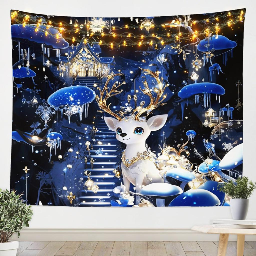 Cute White Cat Tapestry Magical Kitten With Blue Flowers Mushrooms And Golden Sparkles Print Wall Hanging For Bedroom Decor