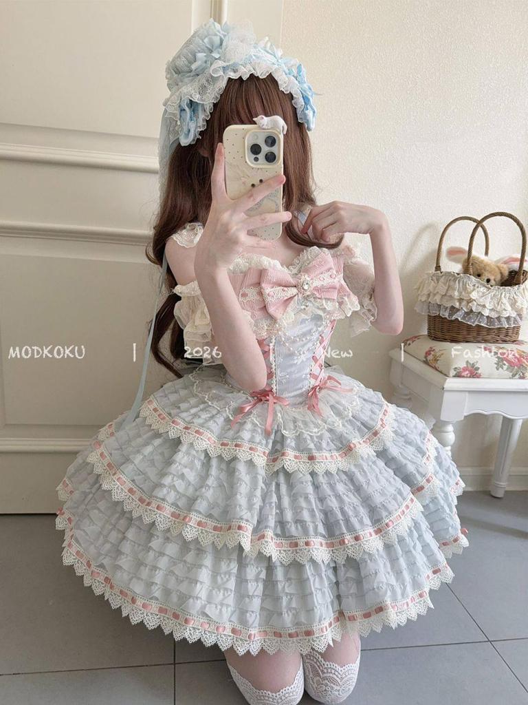 MODKOKU Lolita JSK Jumper Skirt with Ribbon and Mori Girl Tiered Lolita Light Size M Women's Bride-Style Lace-Up Ruffles, Palace-Style Dress,