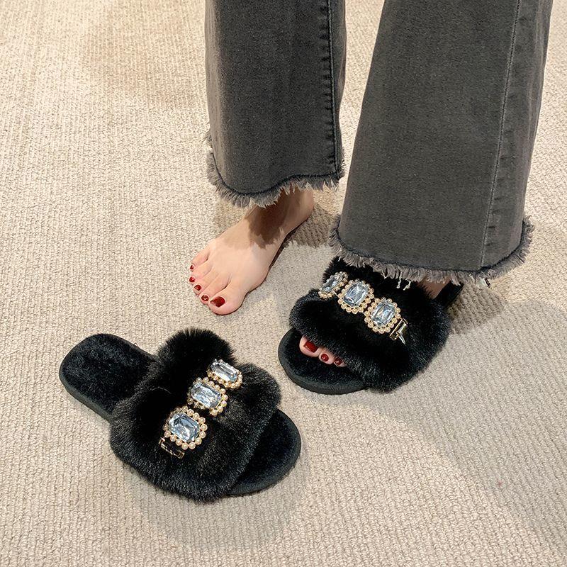 Fashion home indoor floor non-slip and warm one-word mop 2025 autumn and winter new Mao Mao slippers women's flat bottom