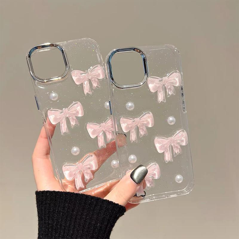 Pearl Pink Bow Glitter Phone Case for IPhone 17 Promax Transparent for Apple 16 Plus Anti Drop