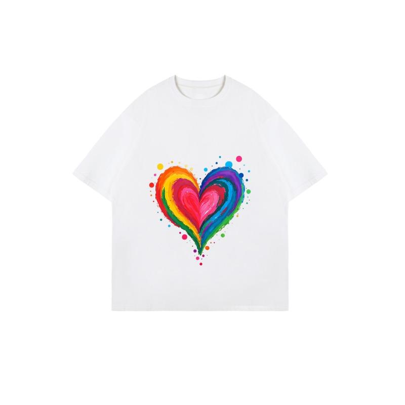 Oversize Women's Short-Sleeve T-Shirt with Rainbow Brushstroke Heart and Colorful Ink Spot Print