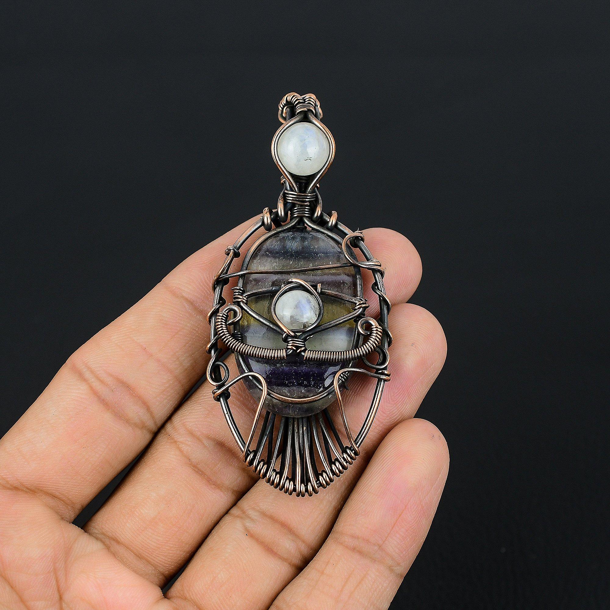 

Flourite & Rainbow Moonstone Pendant, 999 Copper Wire Wrapped Jewelry, Gemstone Pendant, Gift For Her Handmade Dainty Jewelry 2.55 Inches