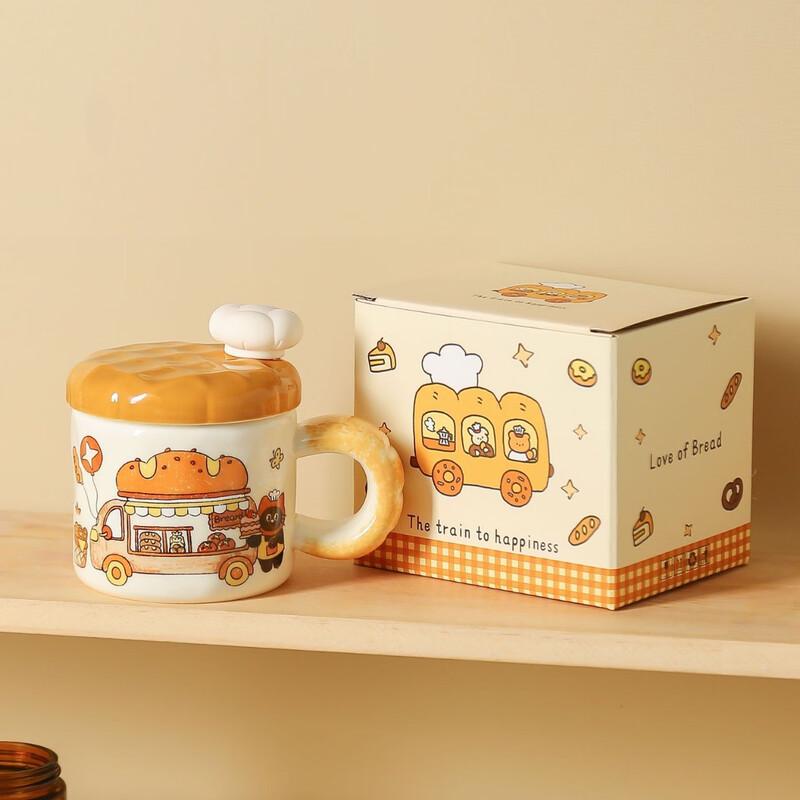 Creative Bread Kitten Ceramic Mug with Lid