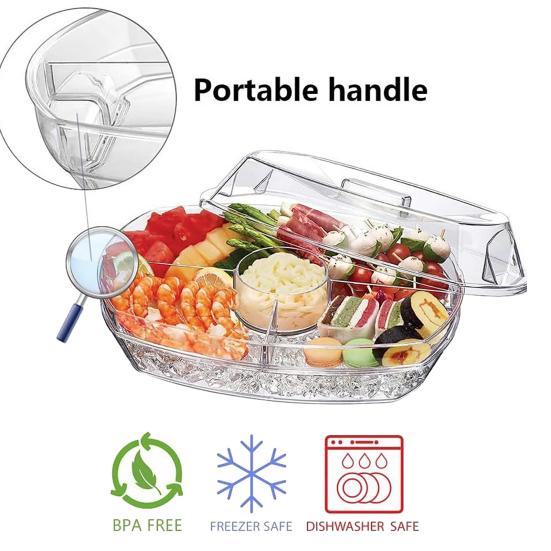Salad Tray, with Transparent Dust Cover And Ice Trough, Detachable Serveware for Cooling Fruits Seafood Snacks Party
