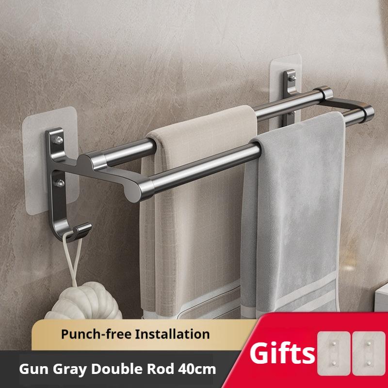 Bathroom Towel Holder No-Drill Towels Rack With Hooks Wall Mounted Towel Bar Bathroom Organizer Self-Adhesive Towel Rail