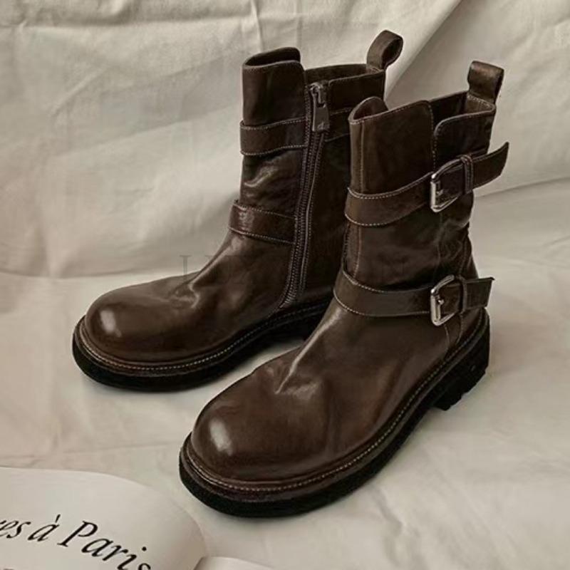 

Женские короткие сапоги из натуральной кожи с плоским каблуком и круглым носком на толстой подошве, повседневные и модные, универсальные, рыцарские сапоги, нескользящие 40