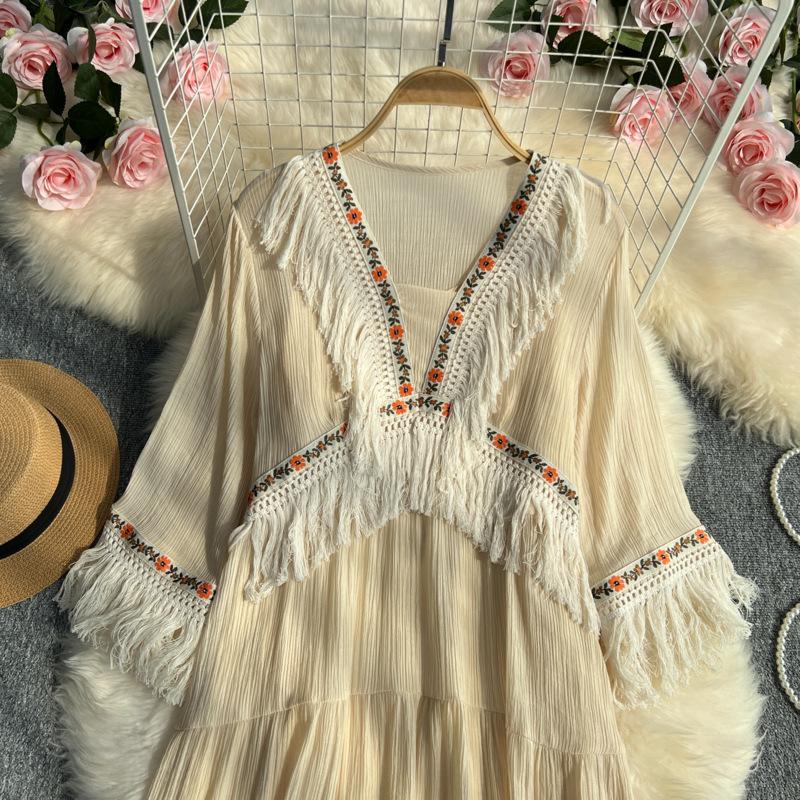 Vintage Lange Kleider Frauen Sommer V-Ausschnitt Halbarm Quaste Patchwork A-Linie Hohe Taille Spitzenkleid