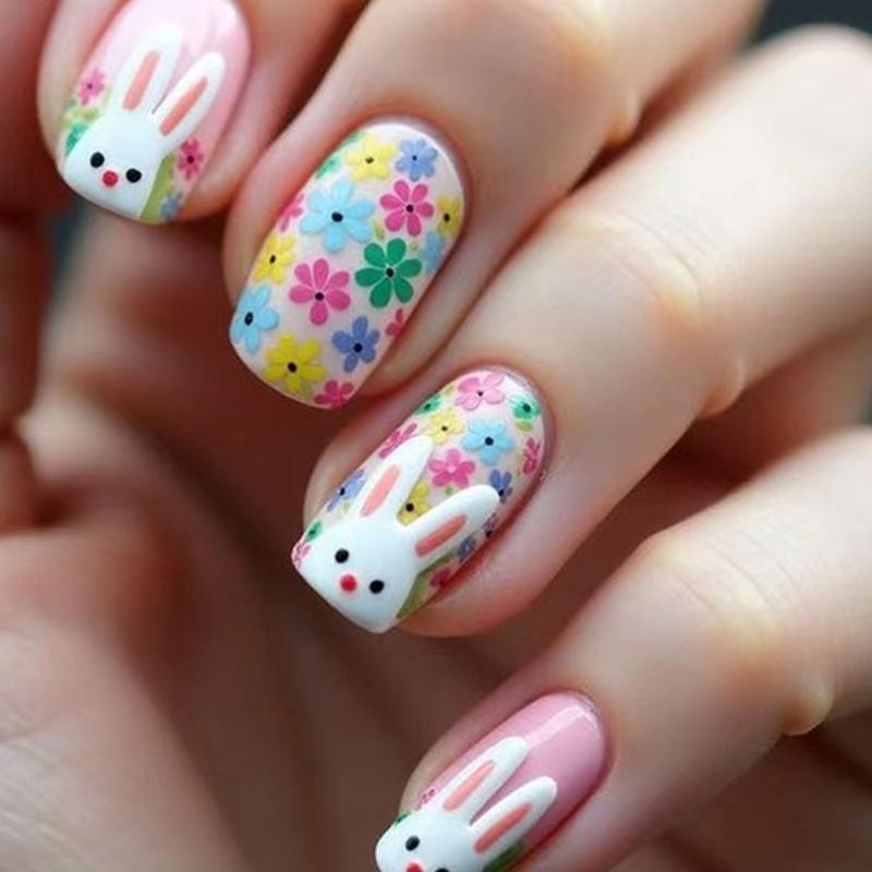 

ABS Material Short Square Artificial Nail Featuring Rabbit Patterns And Floral Art For Festive Occasions 1