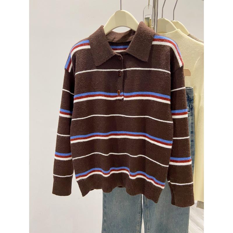 Stylish retro olo lapel collar pullover contrasting color striped knitted sweater women's autumn and winter new casual lazy style top