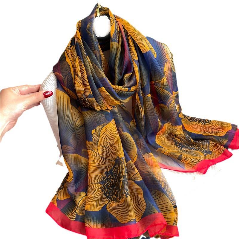 Large shawl commuter sunscreen light luxury silk scarf soft yarn scarf women's large size fashion flower temperament simulation silk