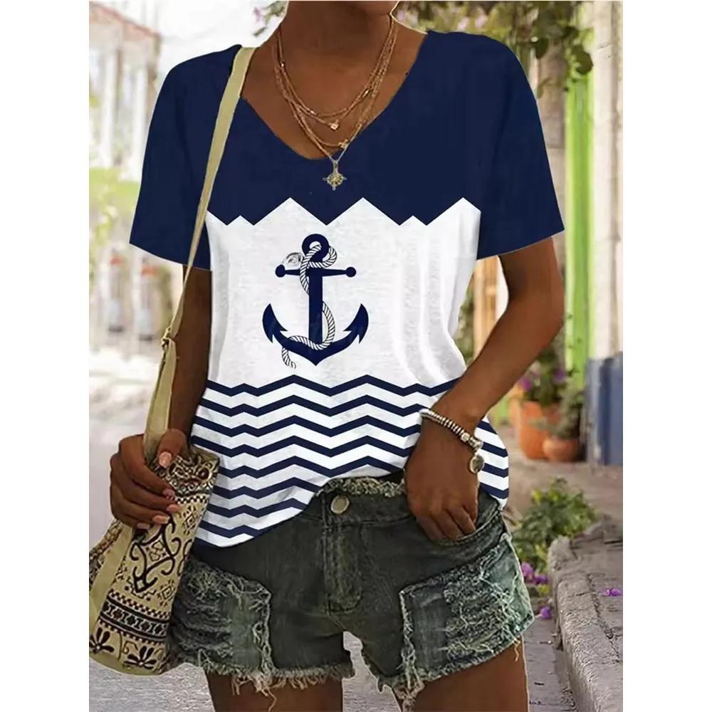 Stripe Printed T-shirt Fashionable Loose Short Sleeved Round Neck Versatile Comfortable Women's V-neck T-shirt