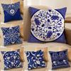 Ethnic Style Blue Floral Pillow Case Silky Elegant Comfort Sofa Bed Invisible Zipper