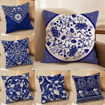 Ethnic Style Blue Floral Pillow Case Silky Elegant Comfort Sofa Bed Invisible Zipper