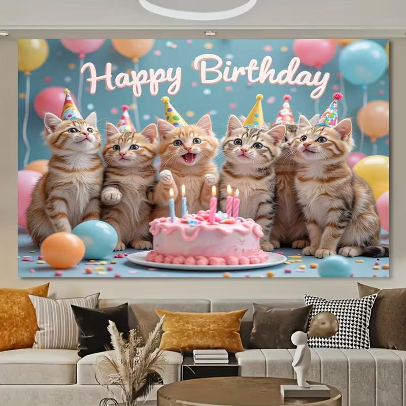 Tela de Fondo 2D Feliz Cumpleaños Gatitos, Fondo Azul para Fiesta para Vlog y Transmisión en Vivo