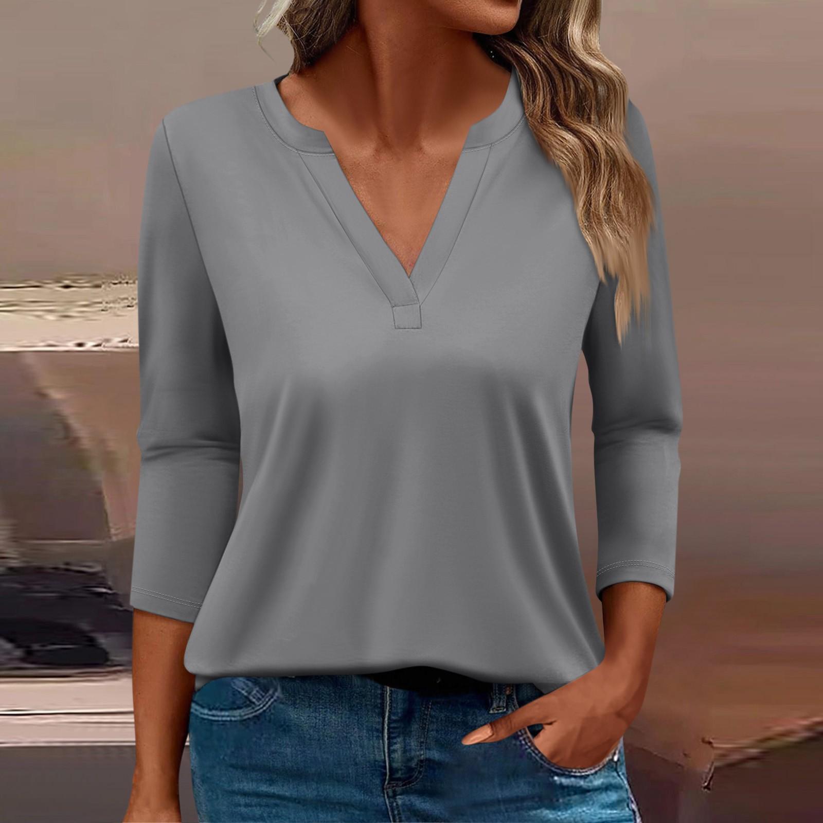 Жен Футболка Футболка Сплошной цвет Рукав 34 Повседневные Выходные Мода Классический V-образный вырез Обычный Топ XL светло-серый 1590₽